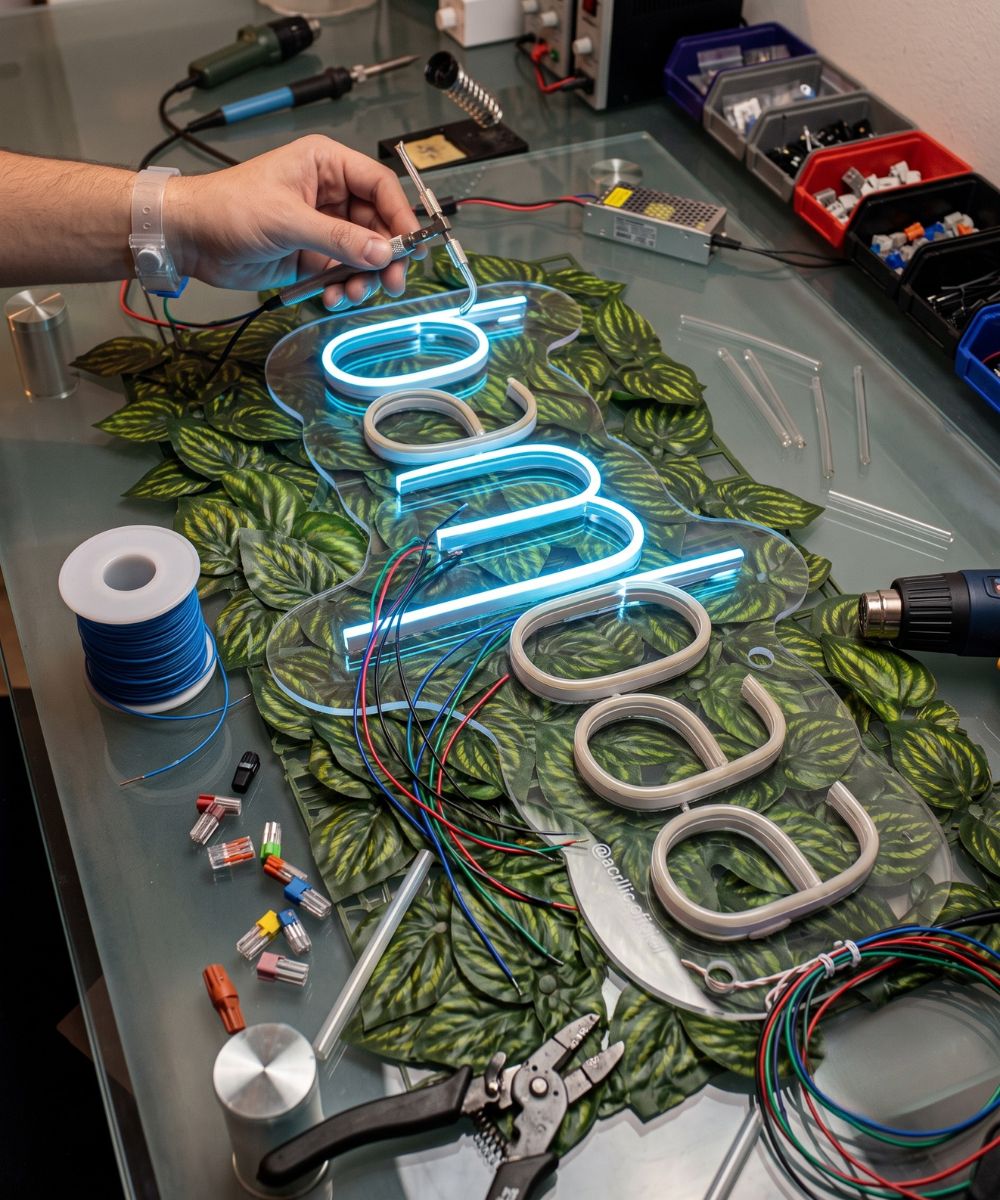 Placa de neon sendo preparada na fábrica da Emporium